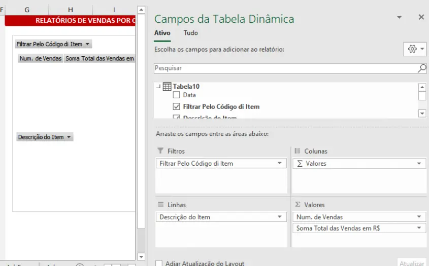 Configurar campos da tabela dinâmica