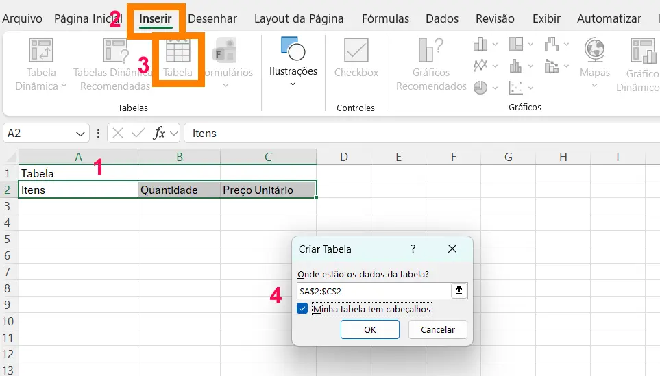 Inserir tabela na planilha de Excel