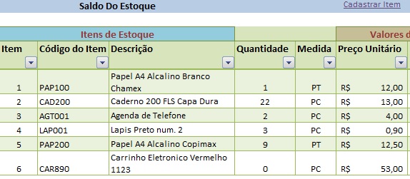 Saldo da planilha de controle de estoque