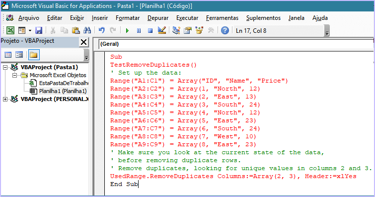 Método Remove Duplicates Para Permitir a Remoção de Linhas