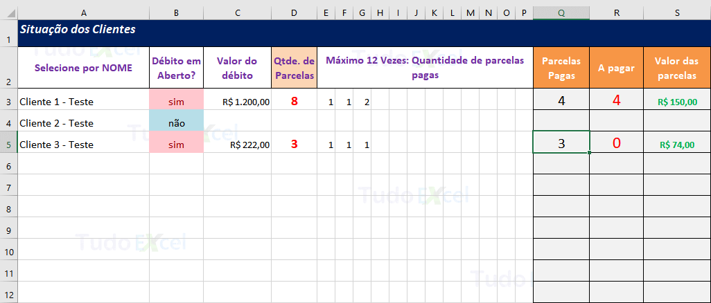 Planilha de cadastro de cliente, situação do cliente