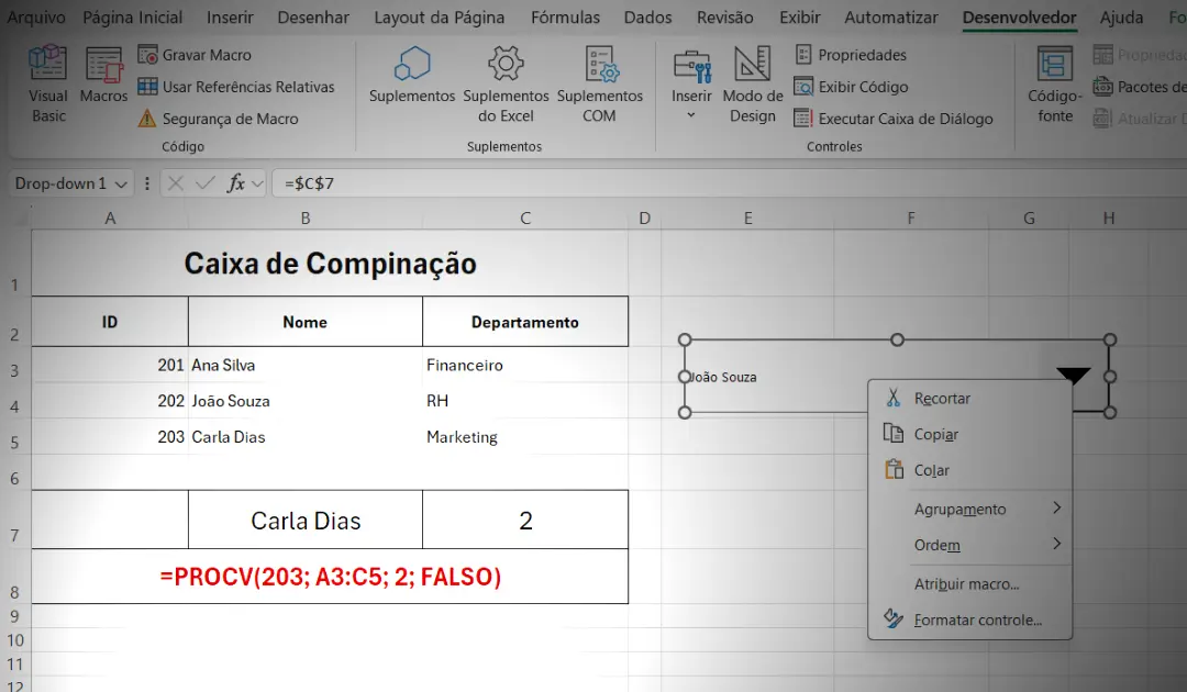Configurar a Caixa de Combinação e Controle de Formulário