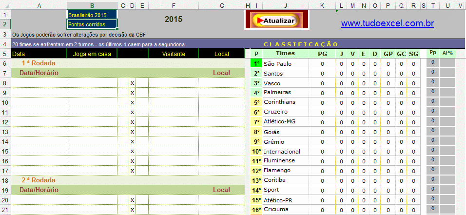 Tabela do Campeonato Brasileiro no Excel