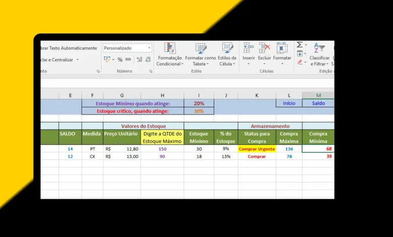 Definindo Estoque Máximo e Estoque Mínimo na Planilha