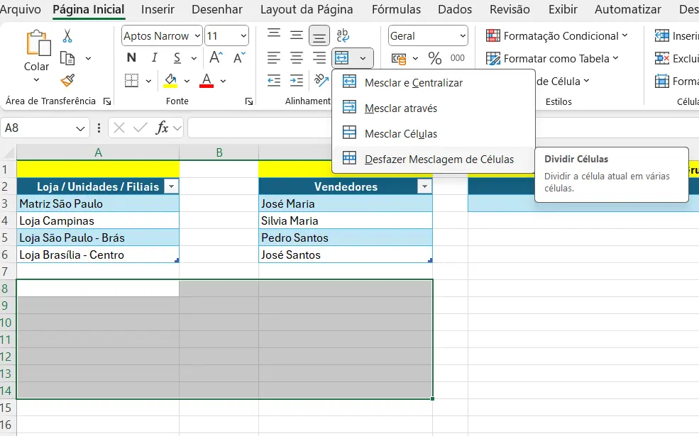 Desfazer Mesclagem de Células