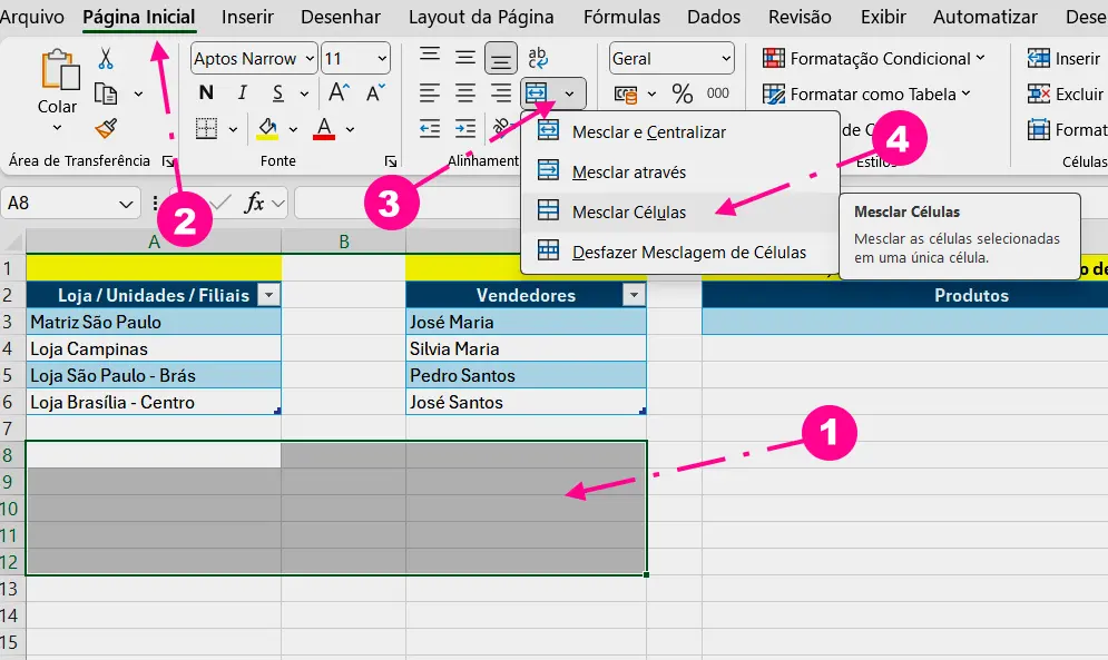 Opções Avançadas de Mesclagem de Células no Excel