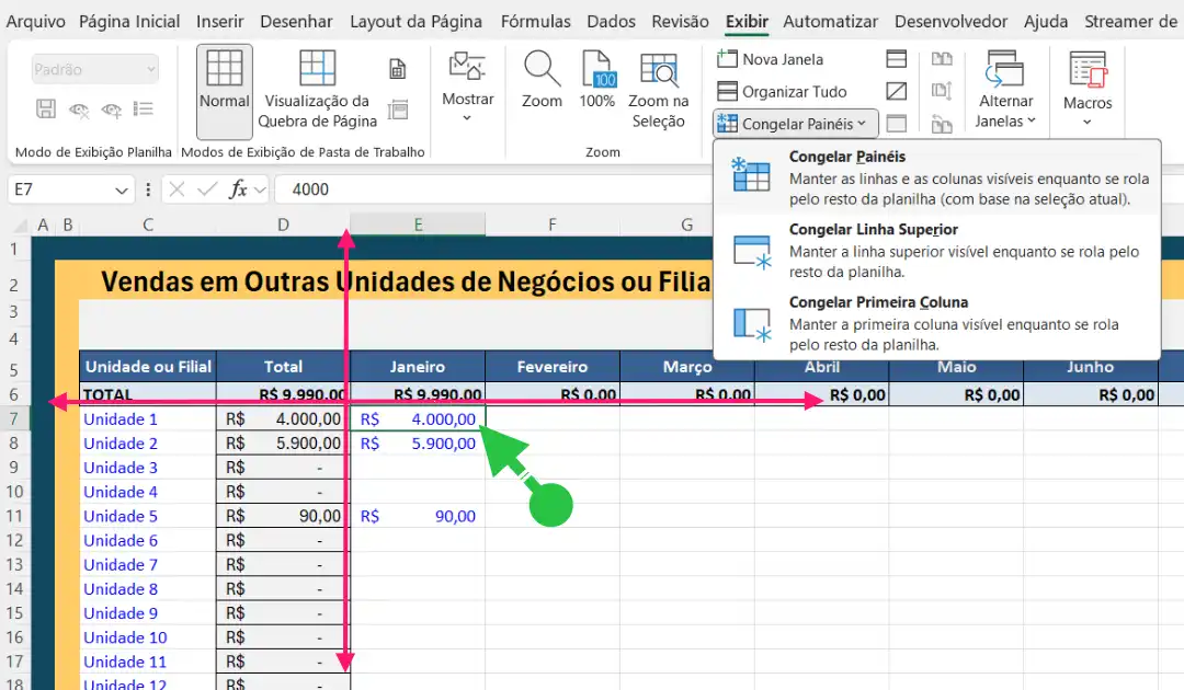 Como Congelar Linhas e Colunas Simultaneamente