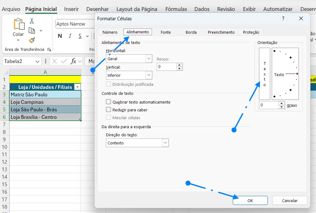 Acesse a aba Alinhamento de Texto em Formatar Células