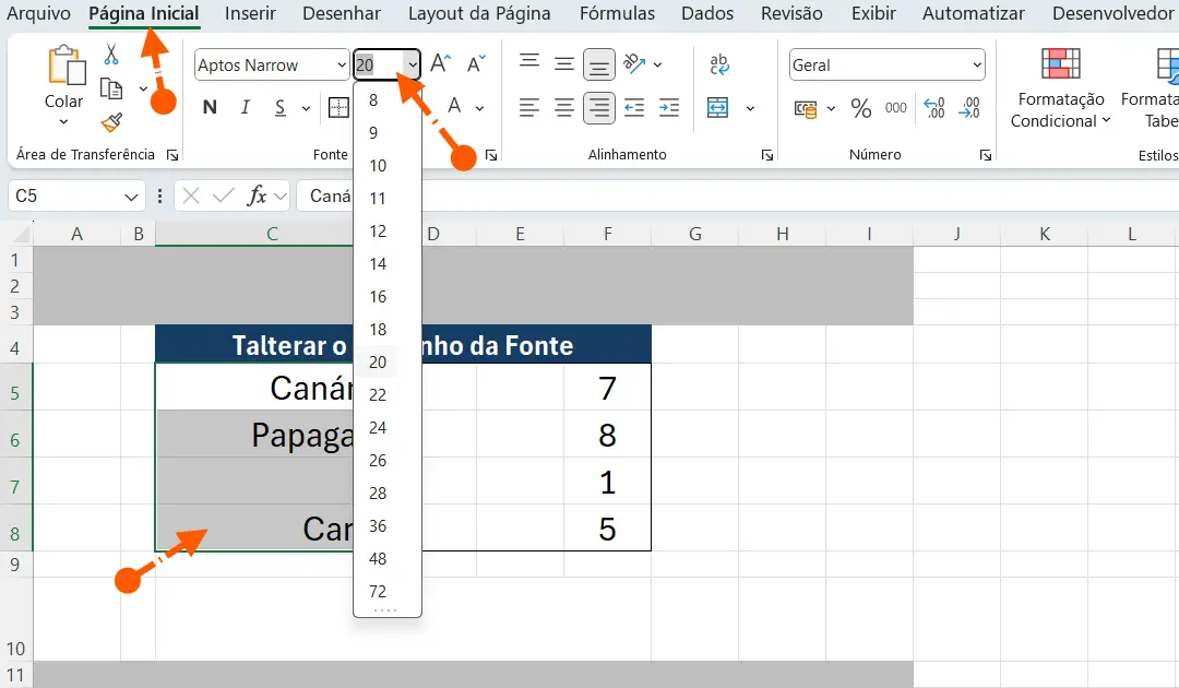 Alterando o tamanho da fonte na planilha