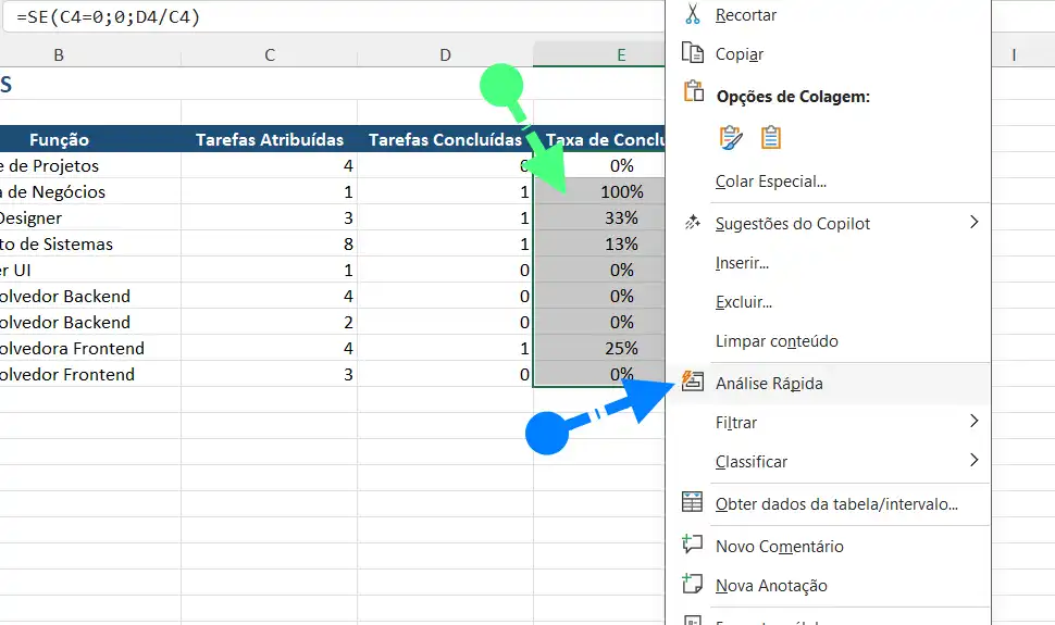 Aplicar Formatação Condicional Com Analise Rápida Usando Botão Direito