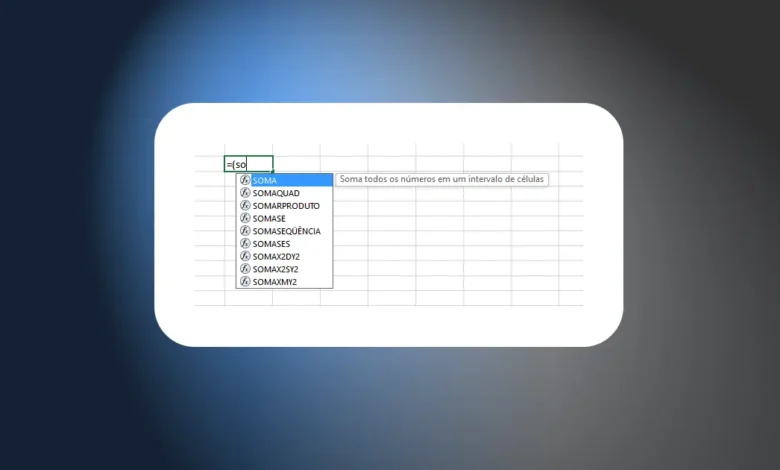 Digitando o nome de uma função no Excel