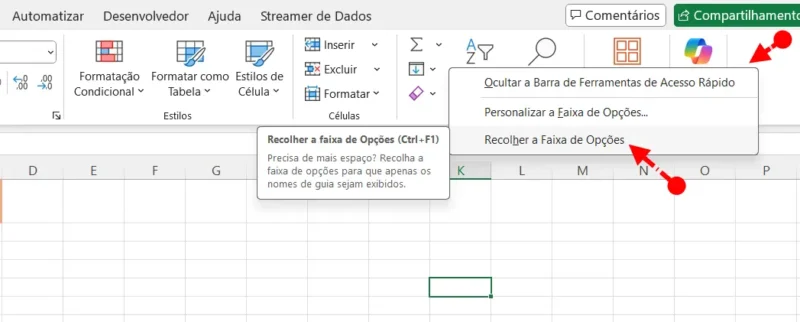 Recolher a Faixa de Opções do Excel