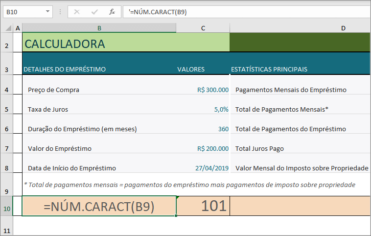 Contar Caracteres em Células da Planilha