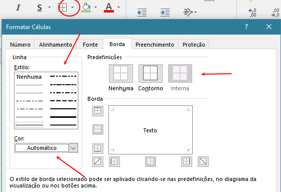 Estilo da borda na planilha