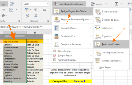 formatação condicional na planilha de Excel usando fórmulas