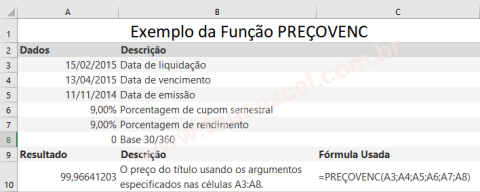 Função PREÇOVENC do Excel