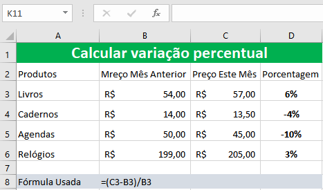 Calcular a Variação Percentual no Excel