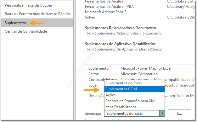 Selecione Complementos COM