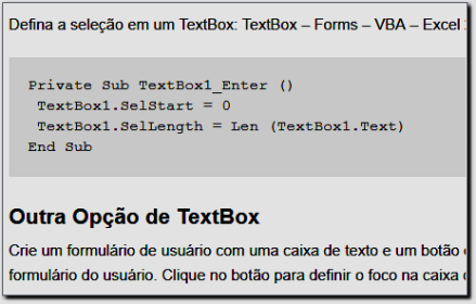Seleção em um TextBox na Planilha