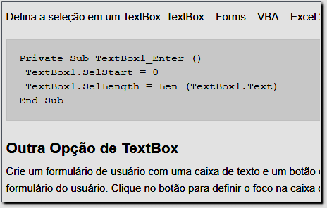 Seleção em um TextBox na Planilha