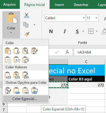 melhor maneira de acessar os recursos do Excel Colar Especial