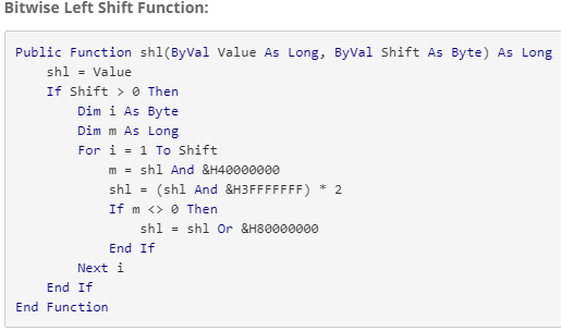 função de mudança de bit no Excel VBA