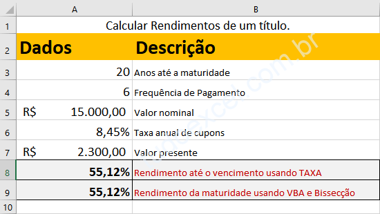 Calcule o rendimento de um título até o vencimento com VBA