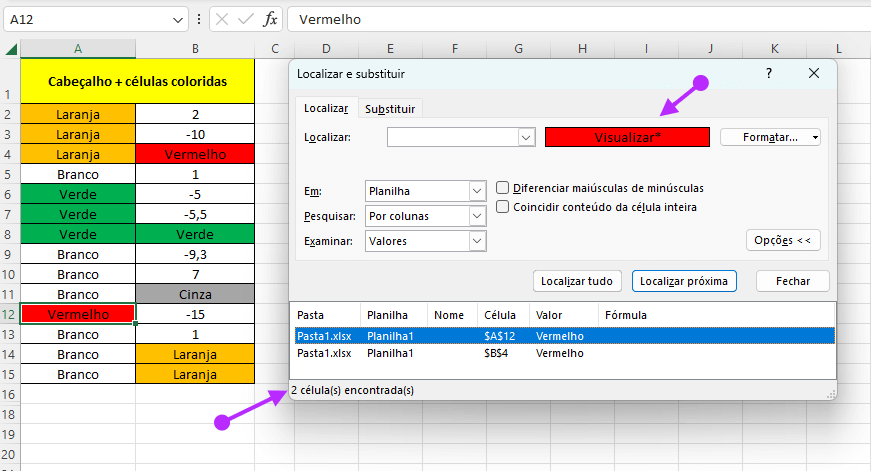 Contar células pela com com a opção localizar