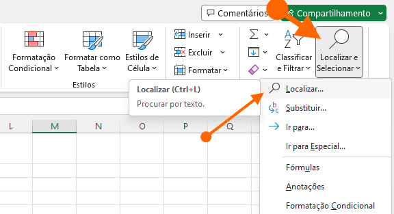 Opção Localizar no Excel