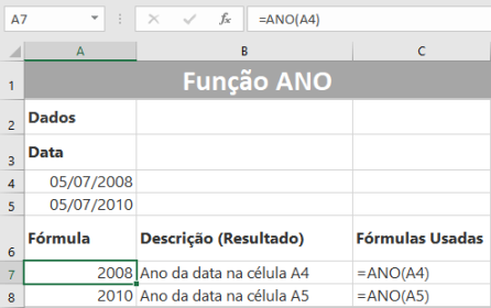 Função ANO do Excel