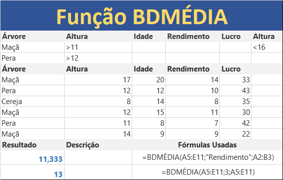 Função BDMÉDIA do Excel