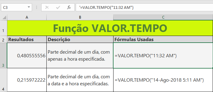 Função VALOR.TEMPO do Excel