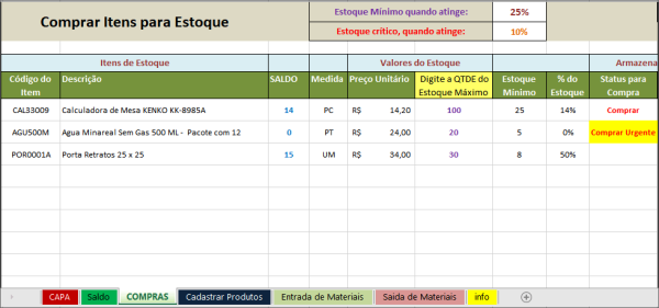 Planilha de Controle de Estoque - compra de materiais