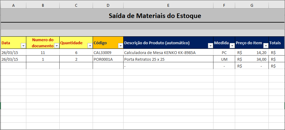 Planilha de Controle de Estoque - saída de materiais