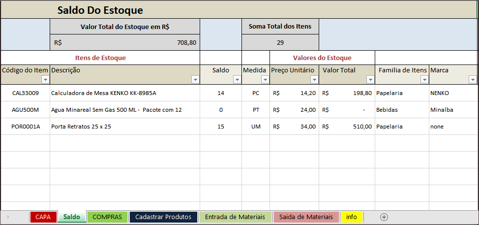 Planilha de Controle de Estoque - Saldo