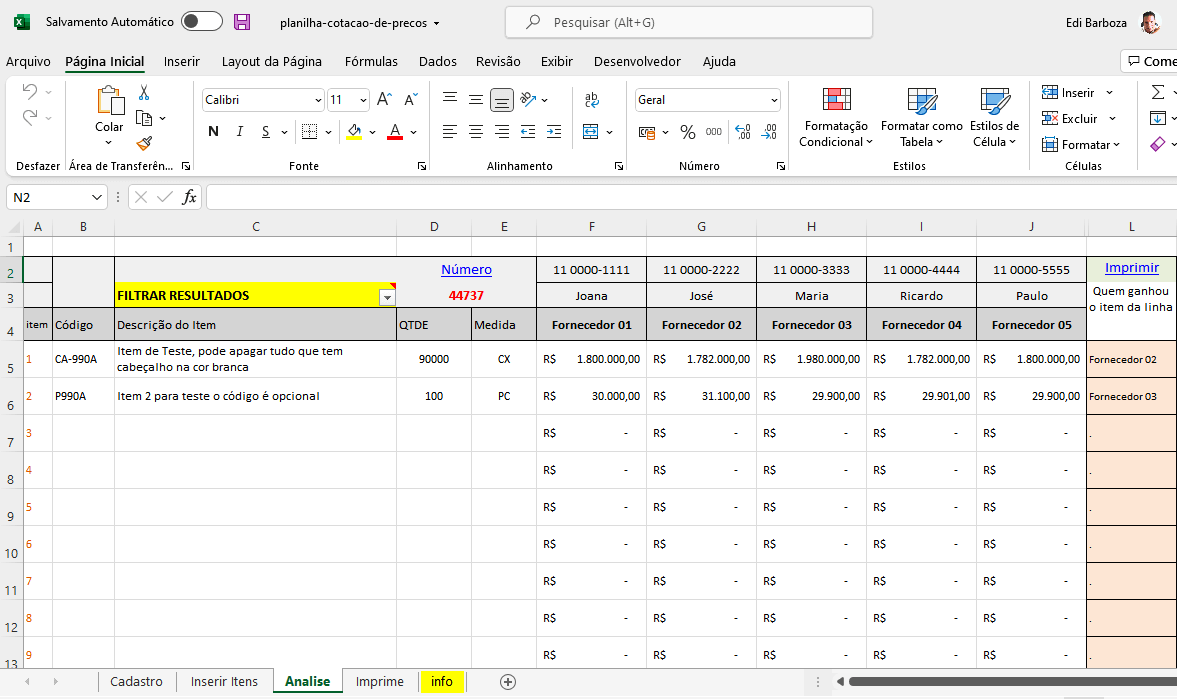 Análise da cotação de produtos