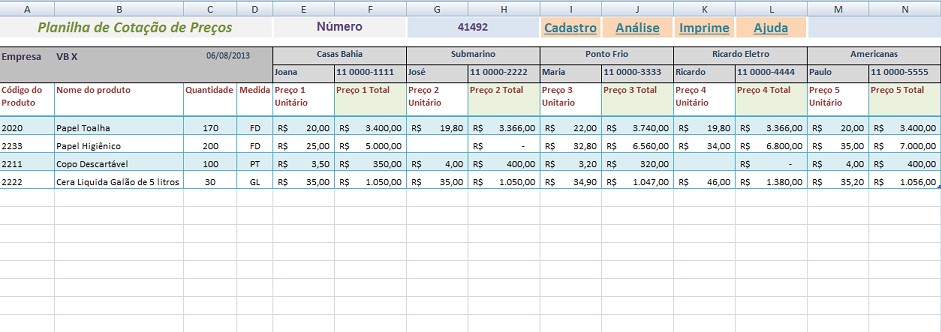 Planilha de Cotação de Preços 5 fornecedores