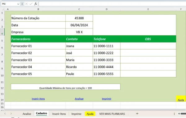 Planilha de Cotação de Preços 5 Fornecedores