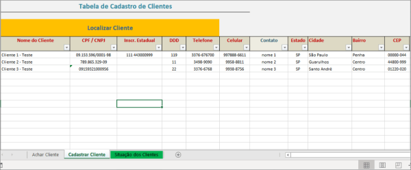 Cadastro clientes tabela 1
