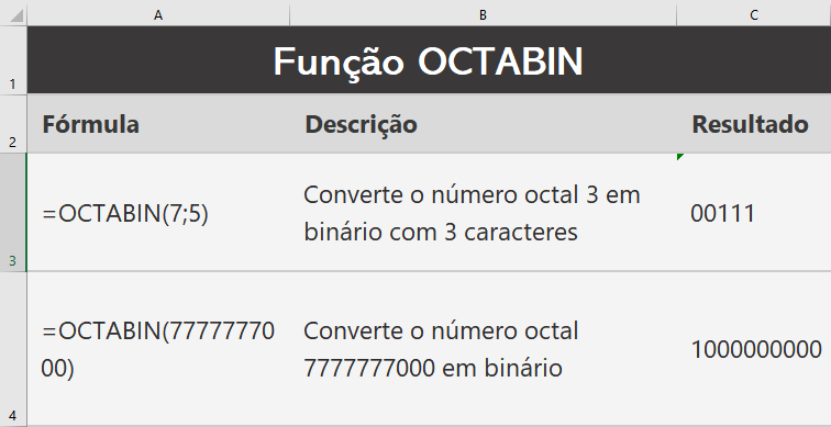 Função OCTABIN do Excel para engenharia