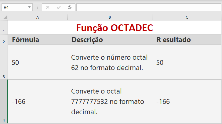 Função OCTADEC do Microsoft Excel