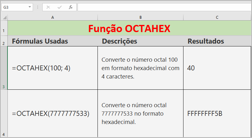 Função OCTAHEX do Excel como usar