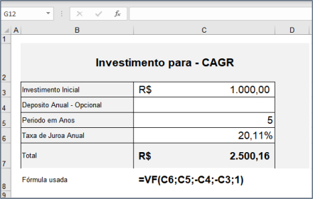 Como Calcular CAGR com a função VF no Excel