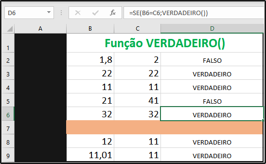 Função VERDADEIRO no Excel