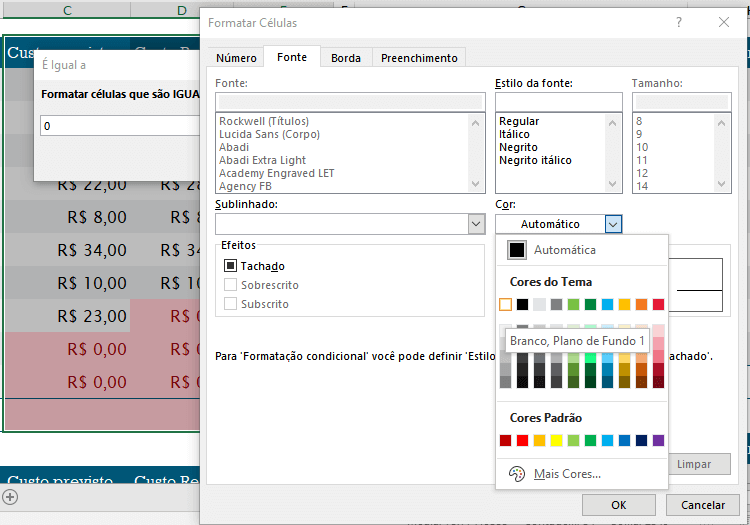 Esconder valores com formatação condicional