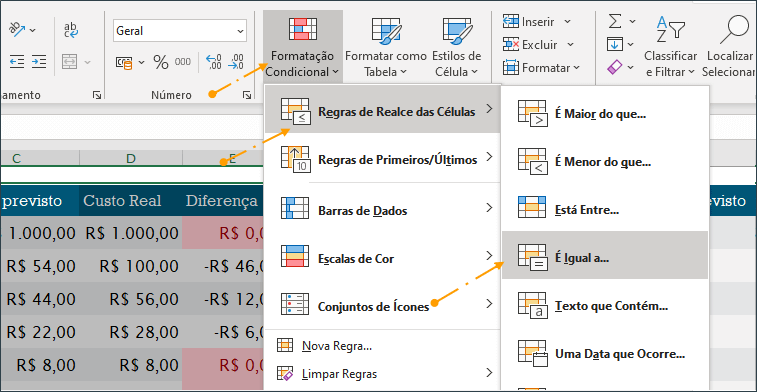 Regras de Realce das Células