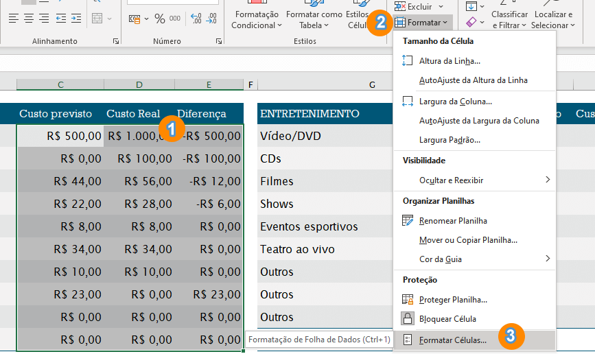 Formatar Células na guia Página Inicial