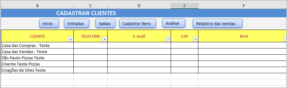 cadastrar clientes na planilha de vendas e estoque