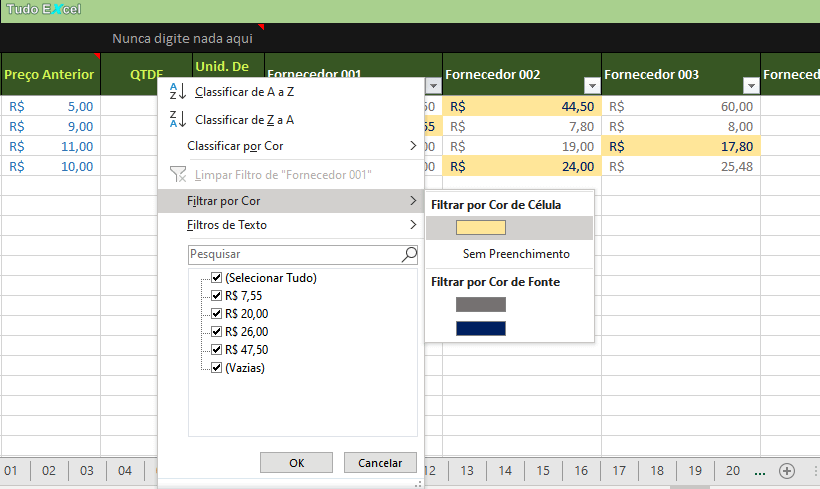 Filtrar itens no Excel