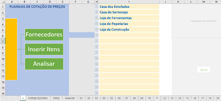 Capa da planilha de cotação de preços